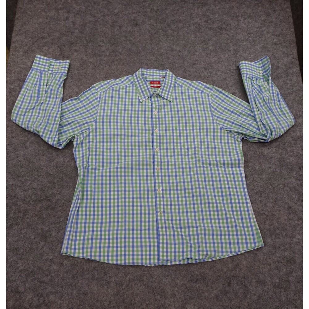 Izod Button Up Shirt Mens XL Slim Fit Check Long Sleeve White Blue Green